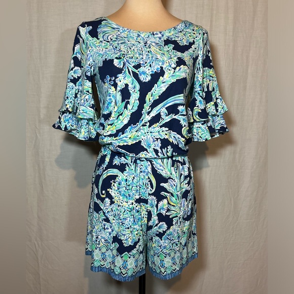 Lilly Pulitzer Lula Romper High Tide Navy Scuba Doo Engineered Romper Size SMALL - Picture 4 of 15